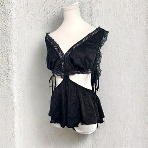 Vintage Black whimsigoth Lace romper grunge fairy L